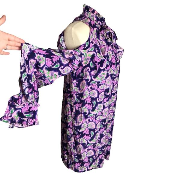 Sandro Paris 100% Silk Purple Paisley Ruffle Cold Shoulder Mini Party Dress 3/L - Picture 7 of 16